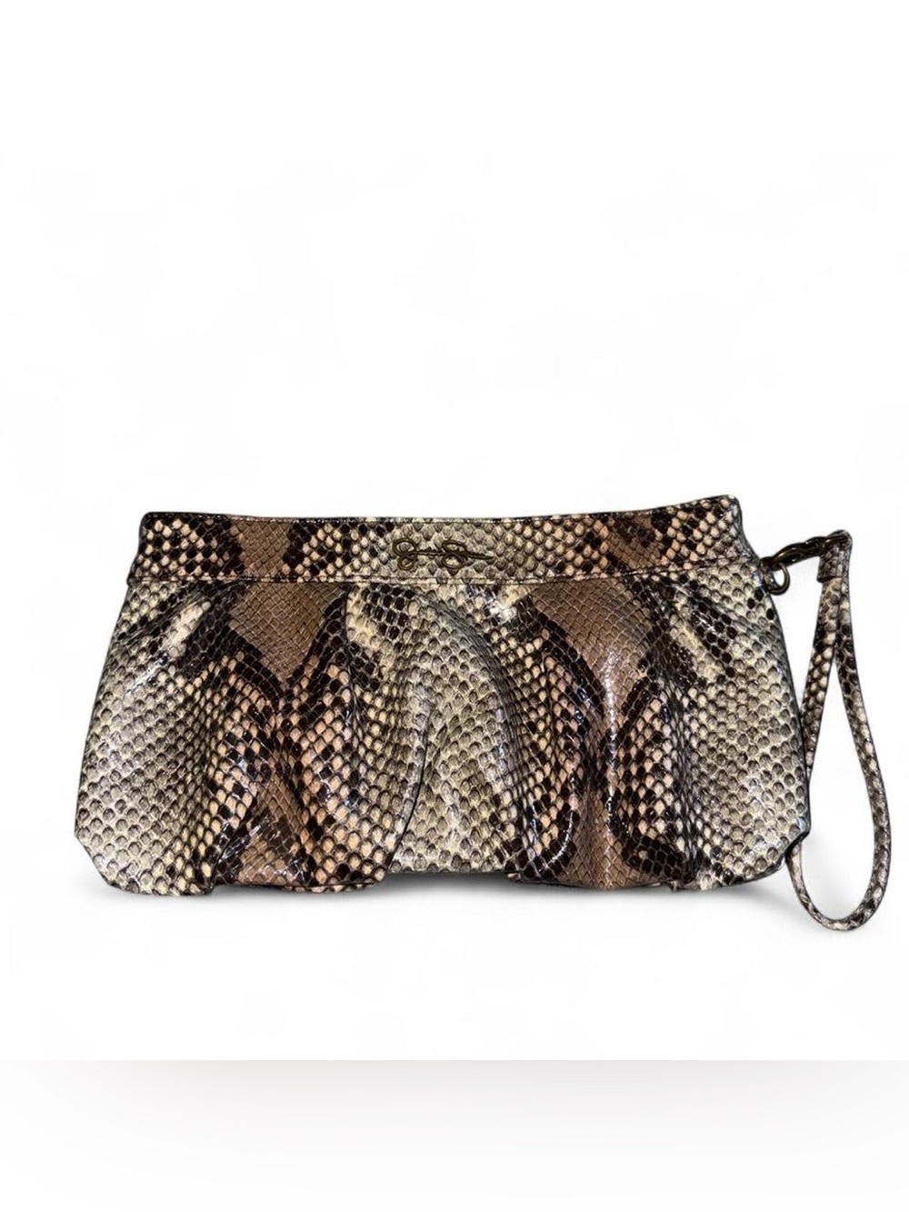 Jessica Simpson Python-Print Leather Wristlet Clutch in Brown and Cream